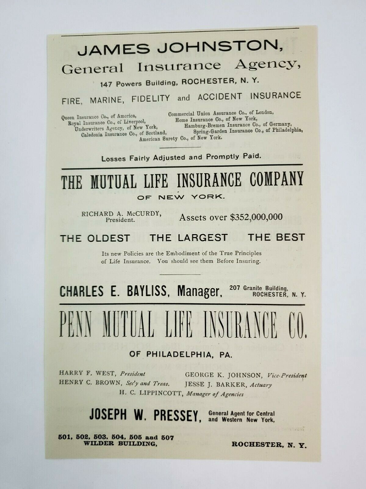 1902 Rochester New York Advertisement Insurance Johnston Bayliss Pressey Penn