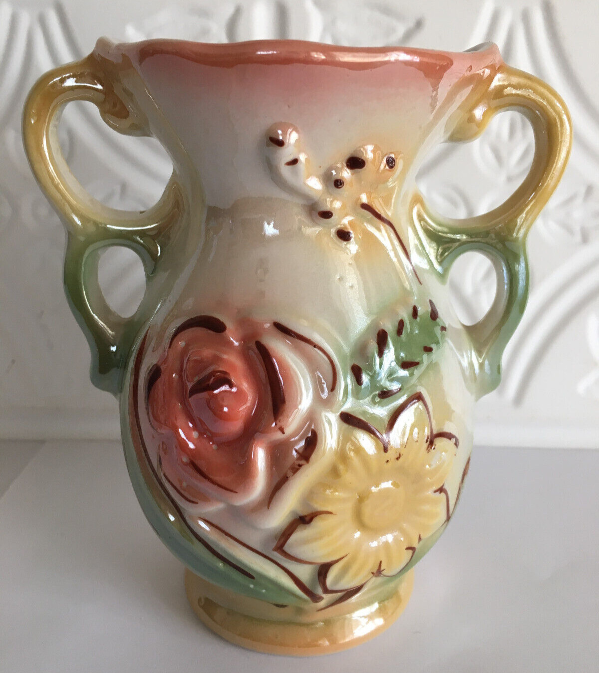 Vase Floral Ceramic Lustreware Iridescent Handles BRAZIL 421 ~ 5\
