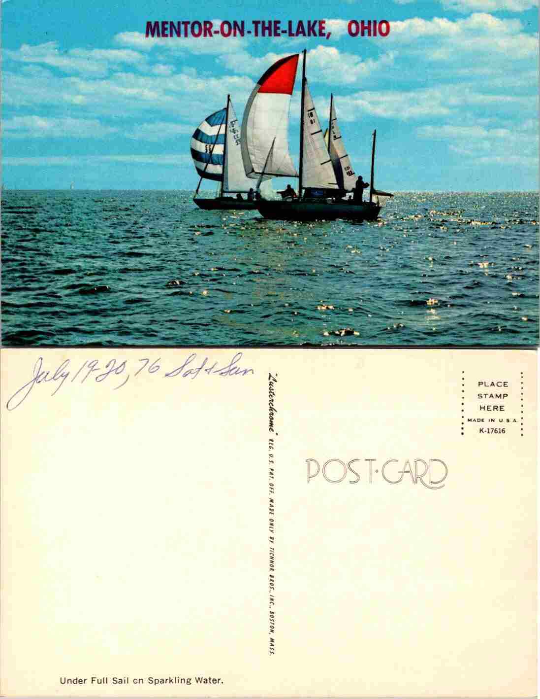 VTG Postcard - MENTOR-ON-THE-LAKE, OHiO -Under Full Sail on Sparkling Water 1920