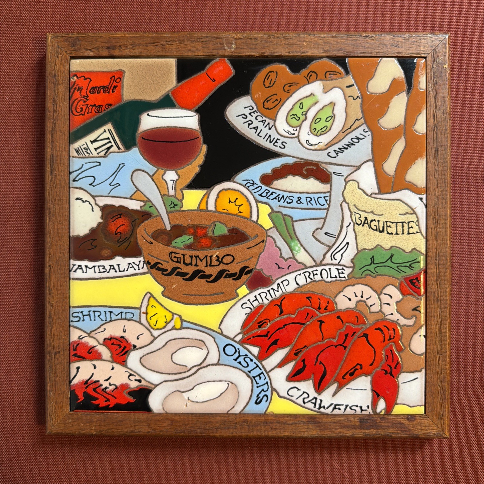 Vintage Arius Santa Fe Art Tile Trivet Framed New Orleans Mardi Gras Food Gumbo