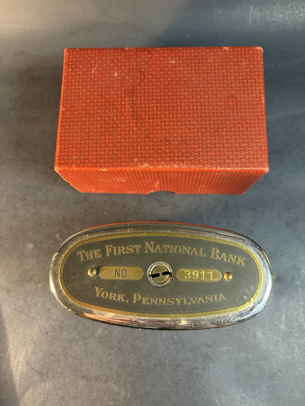 Vintage The First National Bank York Pa. Traveling Teller Coin Bank Metal-No Key Vintage The First National Bank York Pa. Traveling Teller Coin Bank Metal-No Key