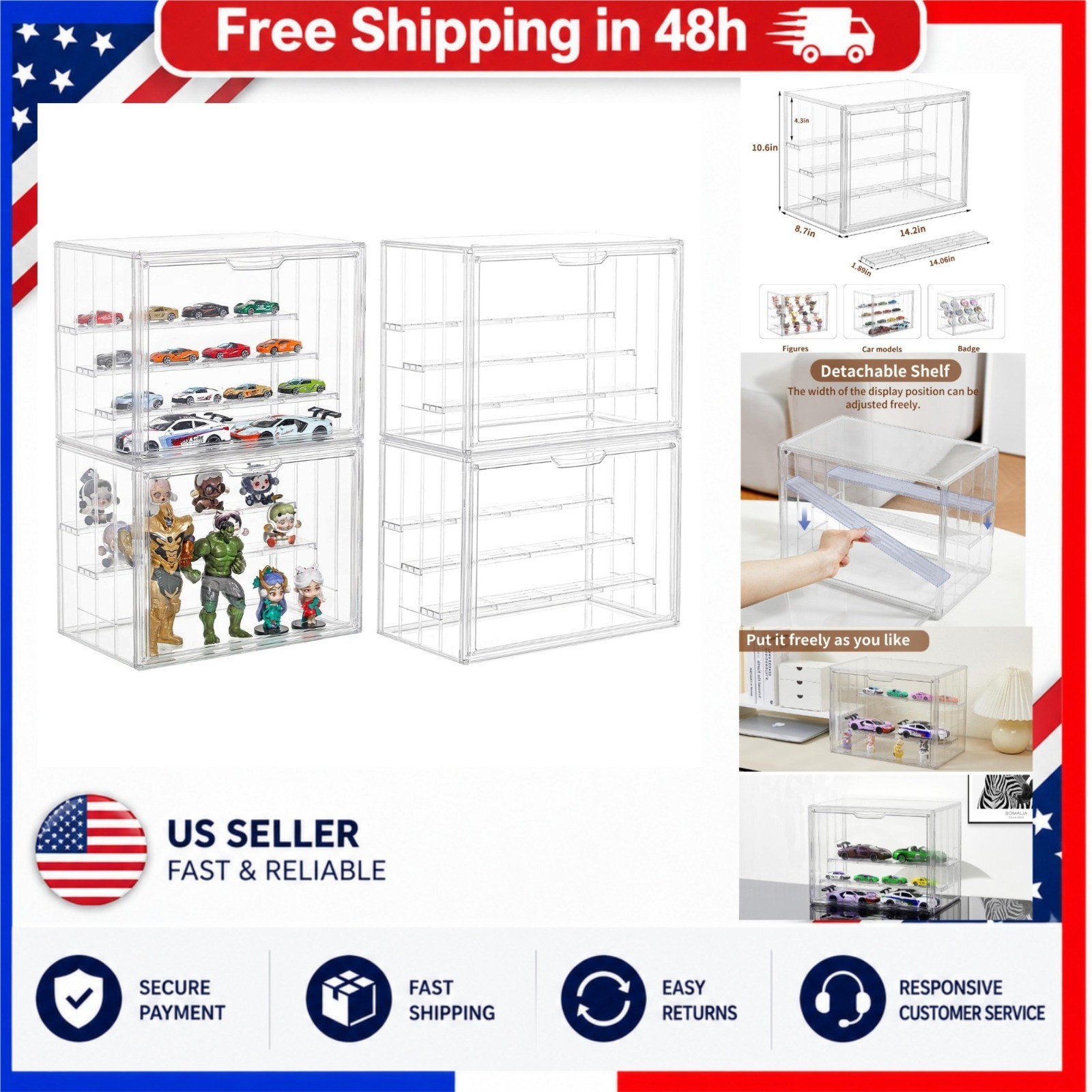4 Pack Stackable Acrylic Figure Display Case with Magnetic Door
