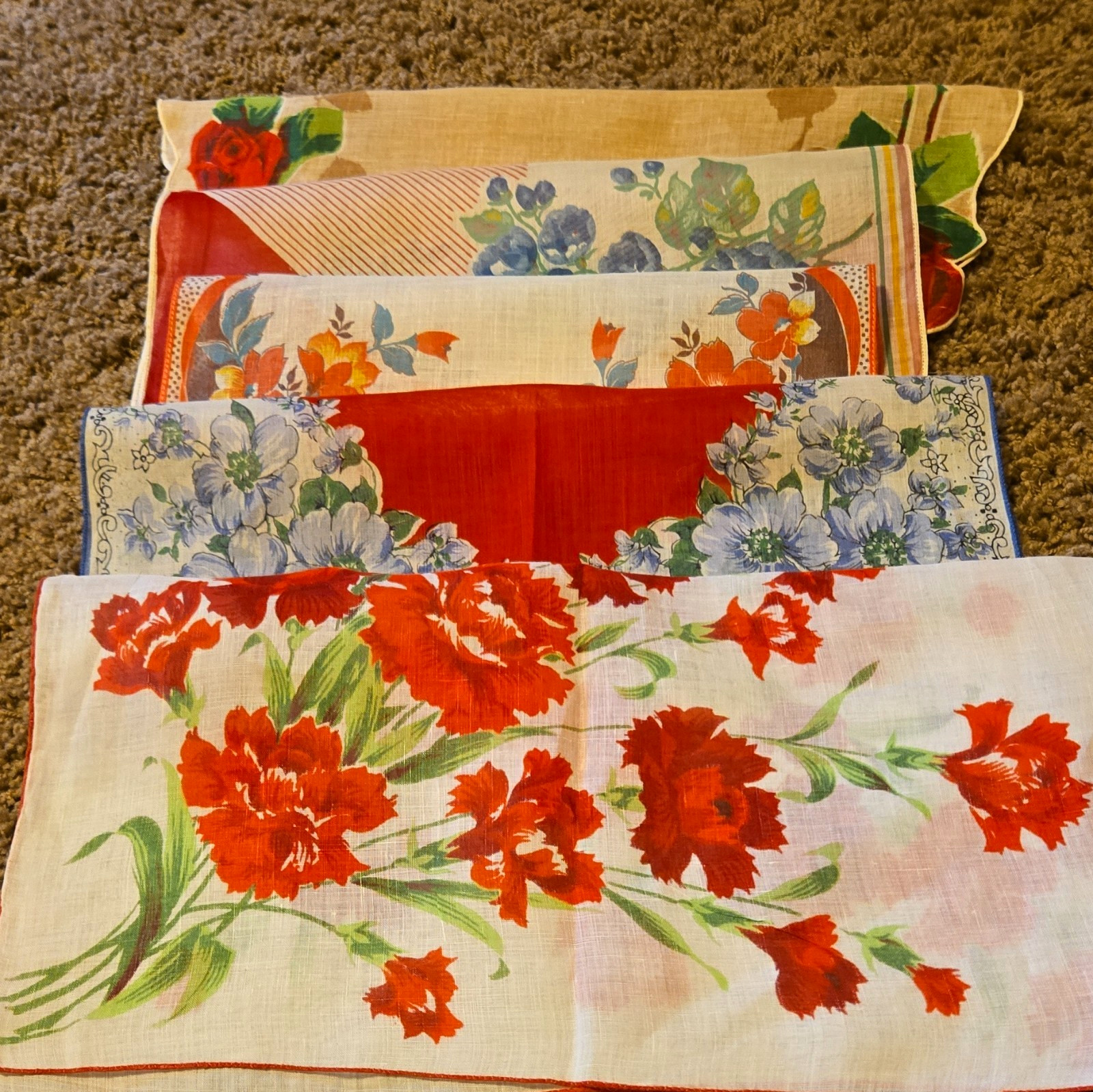 Vintage Mid Century Lot of 5 Red Floral Print Handkerchiefs / Hankies -