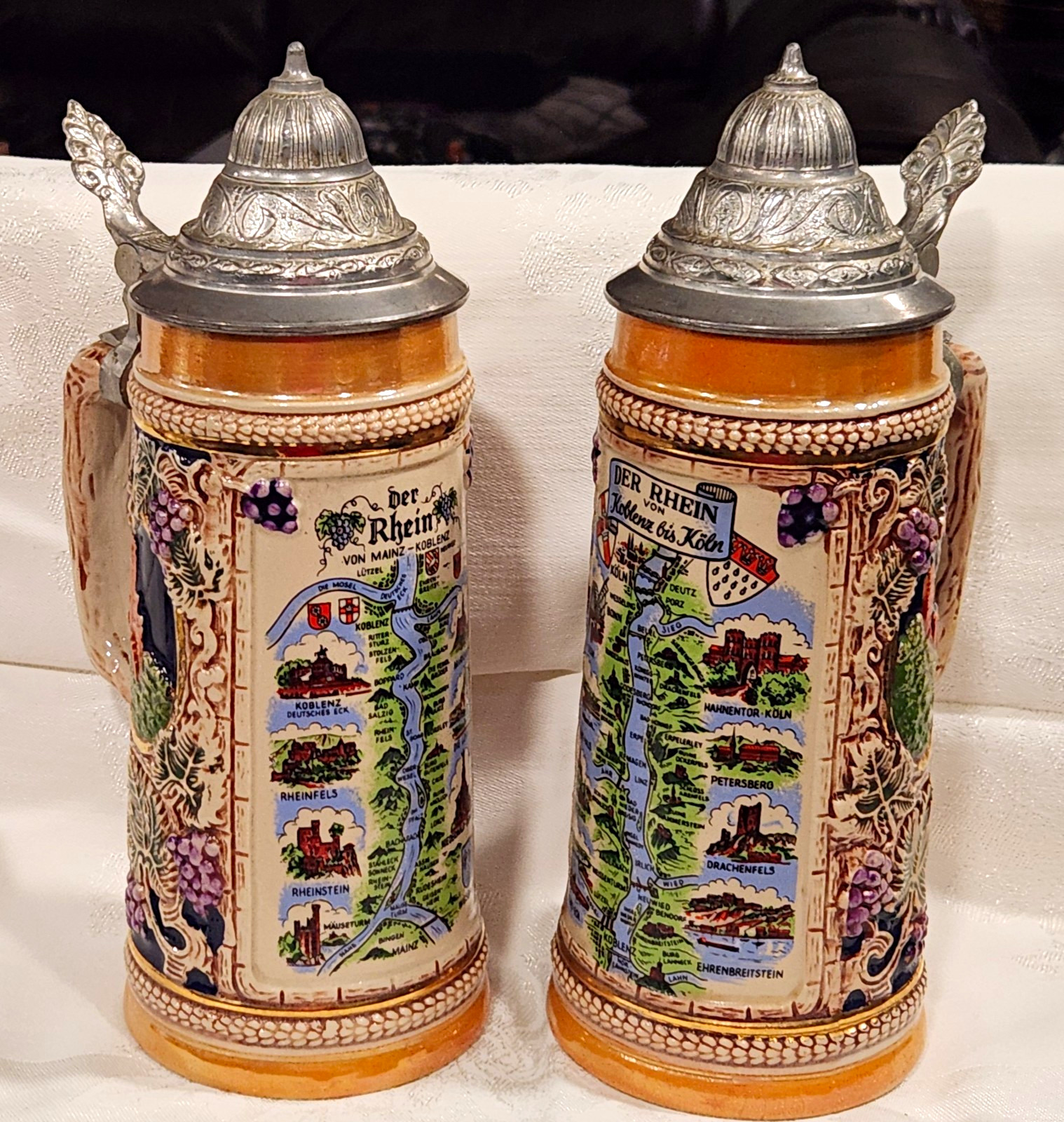 Vintage Gerz West German Beer Stein Set, Der Rhein Map Souvenir Mugs Oktoberfest Vintage Gerz West German Beer Stein Set, Der Rhein Map Souvenir Mugs Oktoberfest