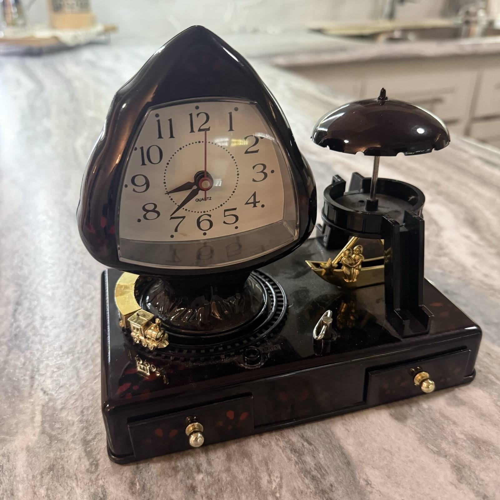 Vintage Clock Musical Trinket Box Train Moves Boat Rocks