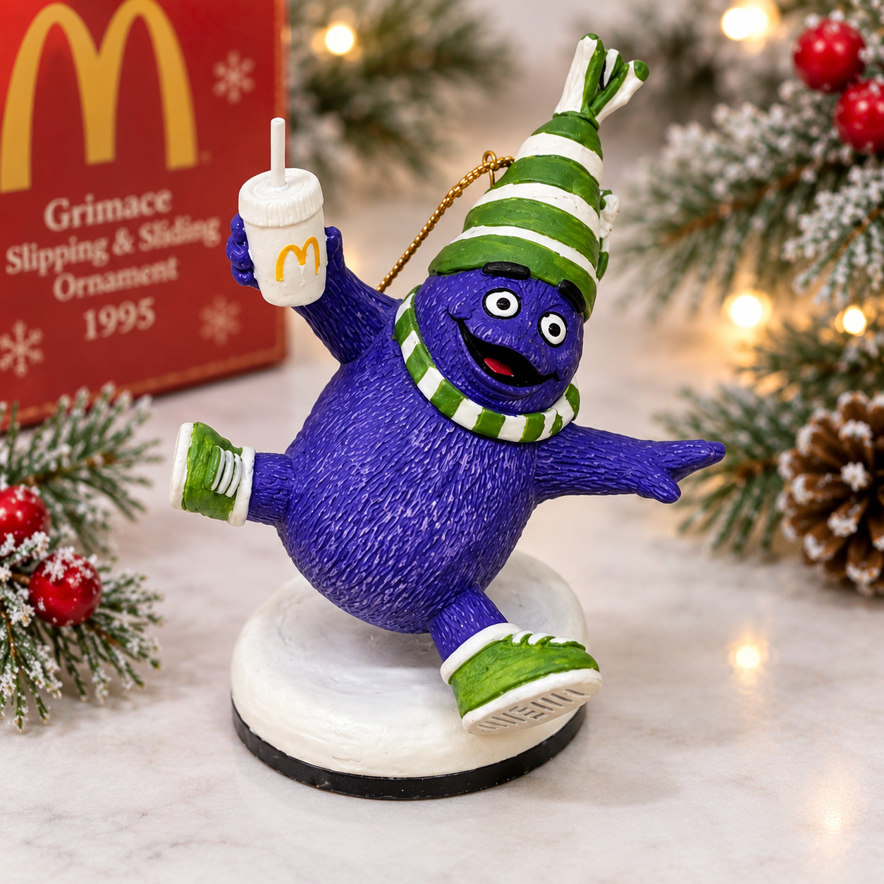 Vintage 1995 VERY RARE McDonald's GRIMACE SLIPPING & SLIDING Ornament 30507-2 Vintage 1995 VERY RARE McDonald's GRIMACE SLIPPING & SLIDING Ornament 30507-2
