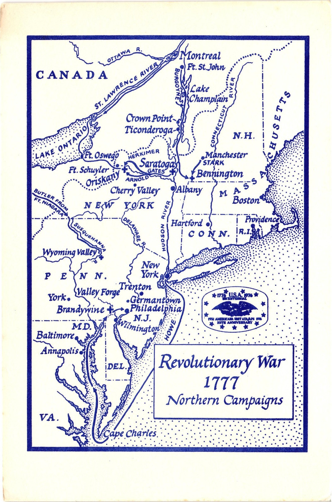 Vintage 1777 Revolutionary War Northern Campaigns Map Americana Postcard