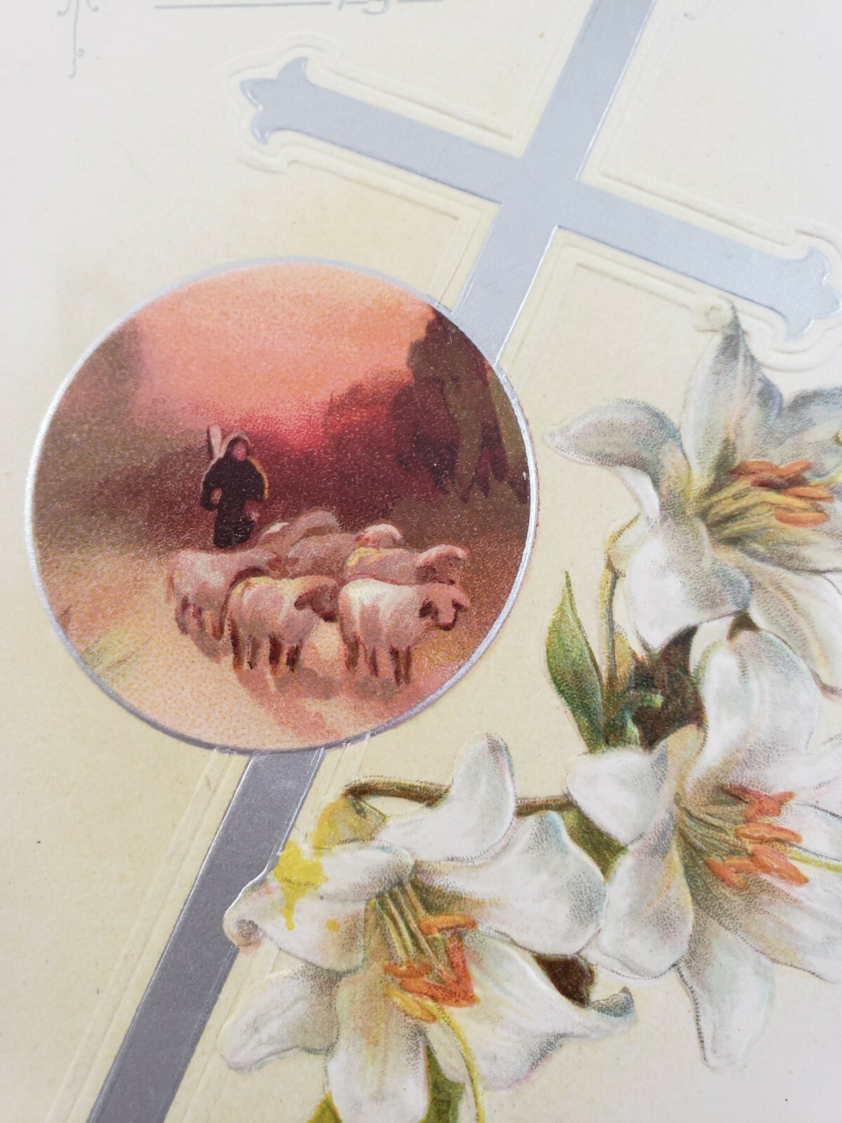 C 1907 Tucks Embossed Easter Greetings Silver Cross Sheep Herder Lilies Postcard C 1907 Tucks Embossed Easter Greetings Silver Cross Sheep Herder Lilies Postcard
