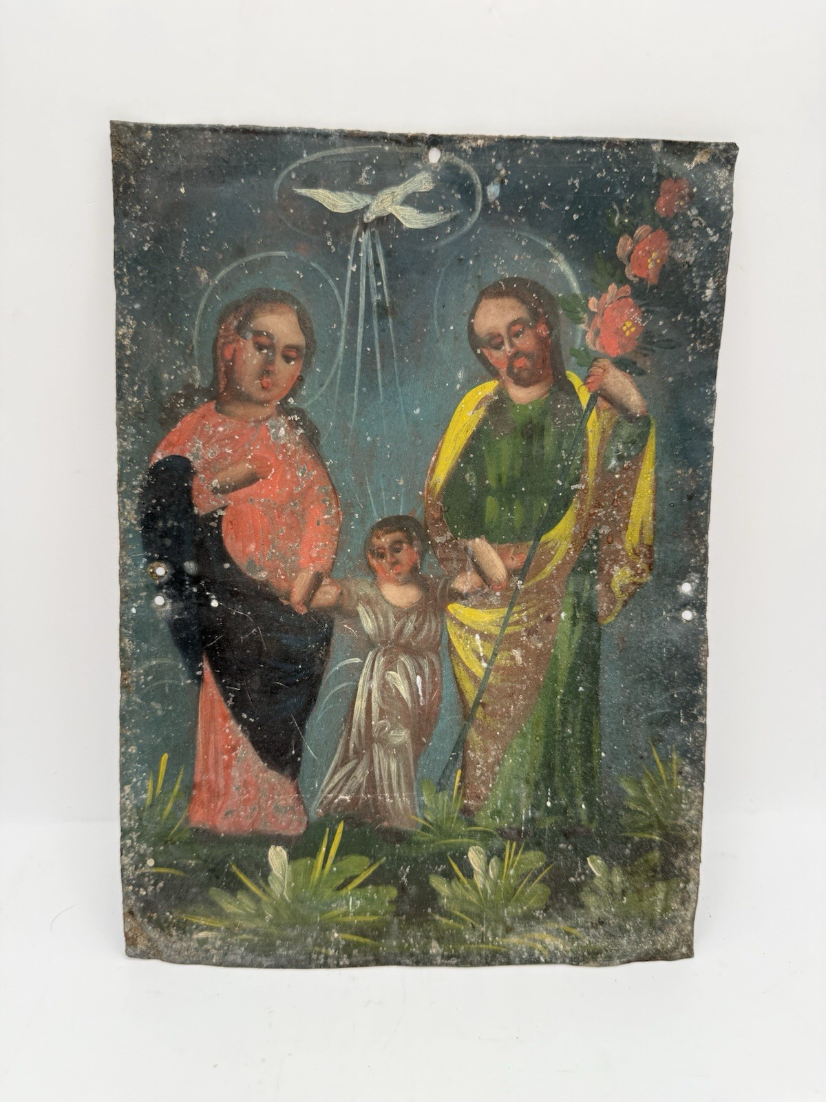 Antique Mexican Retablo Holy Family Oil on Tin Folk Art Religious 10x7 Antique Mexican Retablo Holy Family Oil on Tin Folk Art Religious 10x7