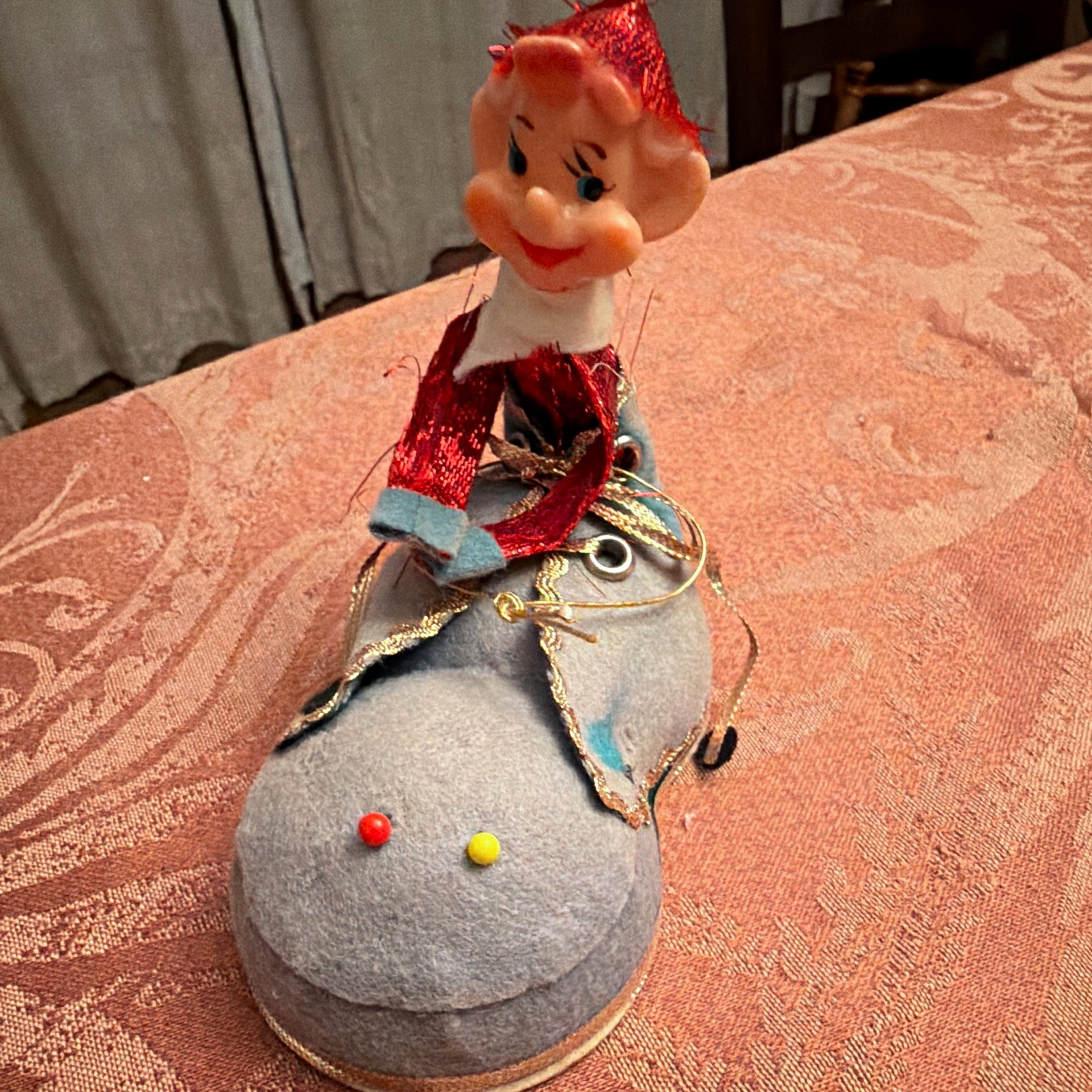 Vintage Japan Felt Elf Figurine on Gray Base Christmas Decor 1950s