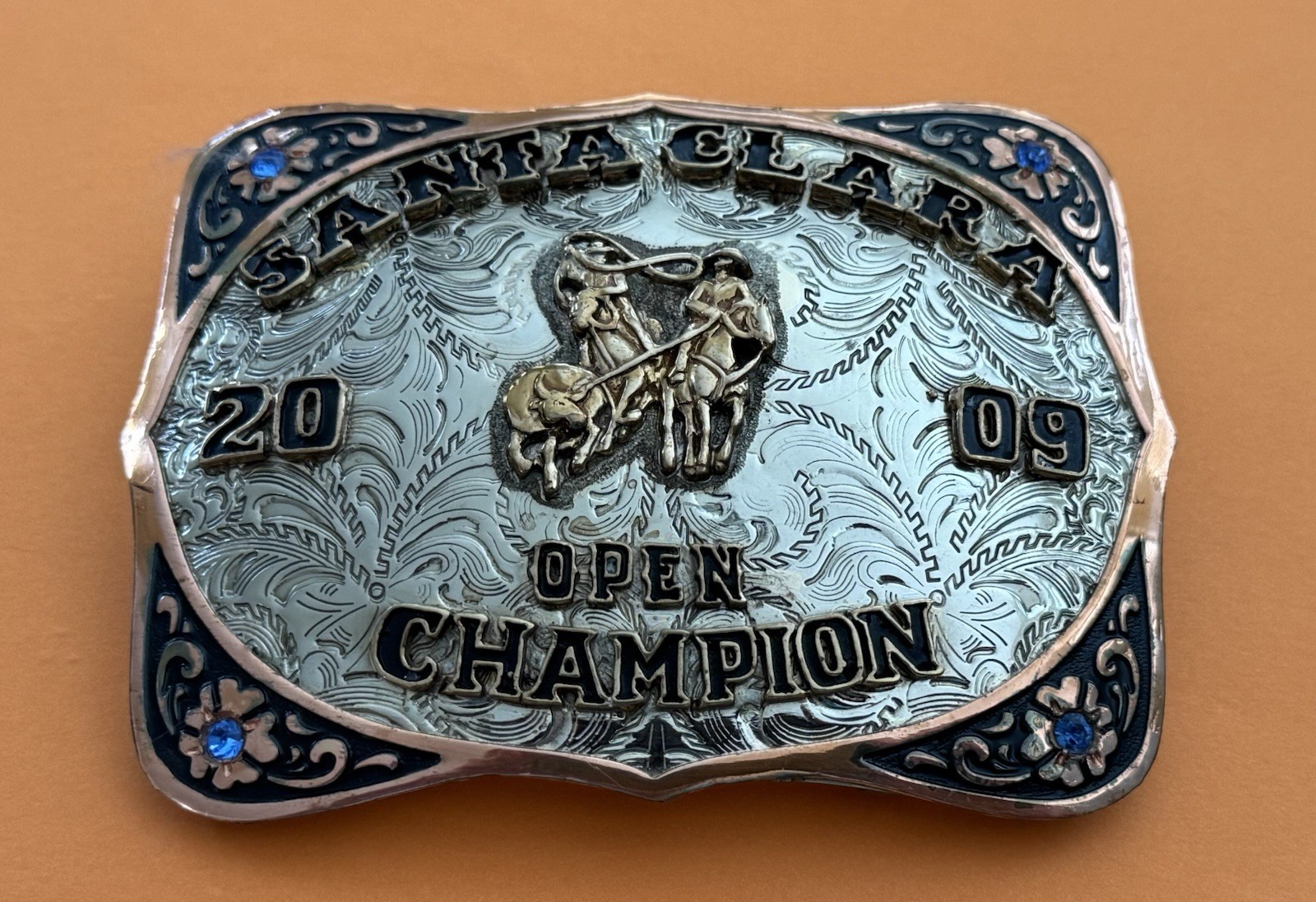 Vintage 2009 Santa Clara Rodeo Open Champion Team Roping Trophy Belt Buckle