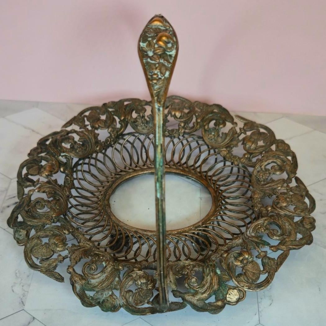Antique brass Filagree Basket Ornate floral pattern Handle Victorian Era Wedding