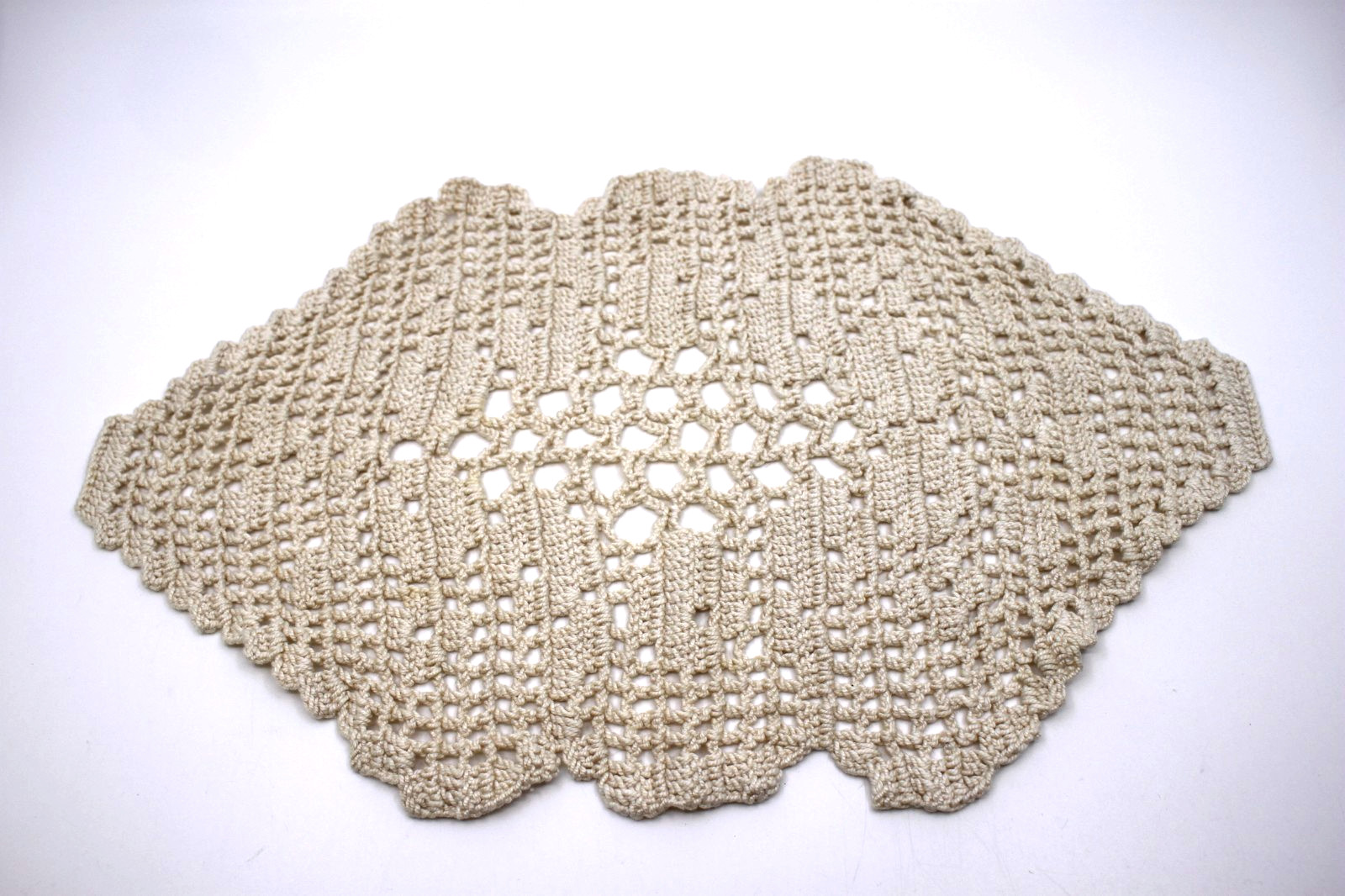 Vintage Hand Crocheted Ecru Lace Doily 15 x 9.75 Scalloped Table Mat Cottagecore