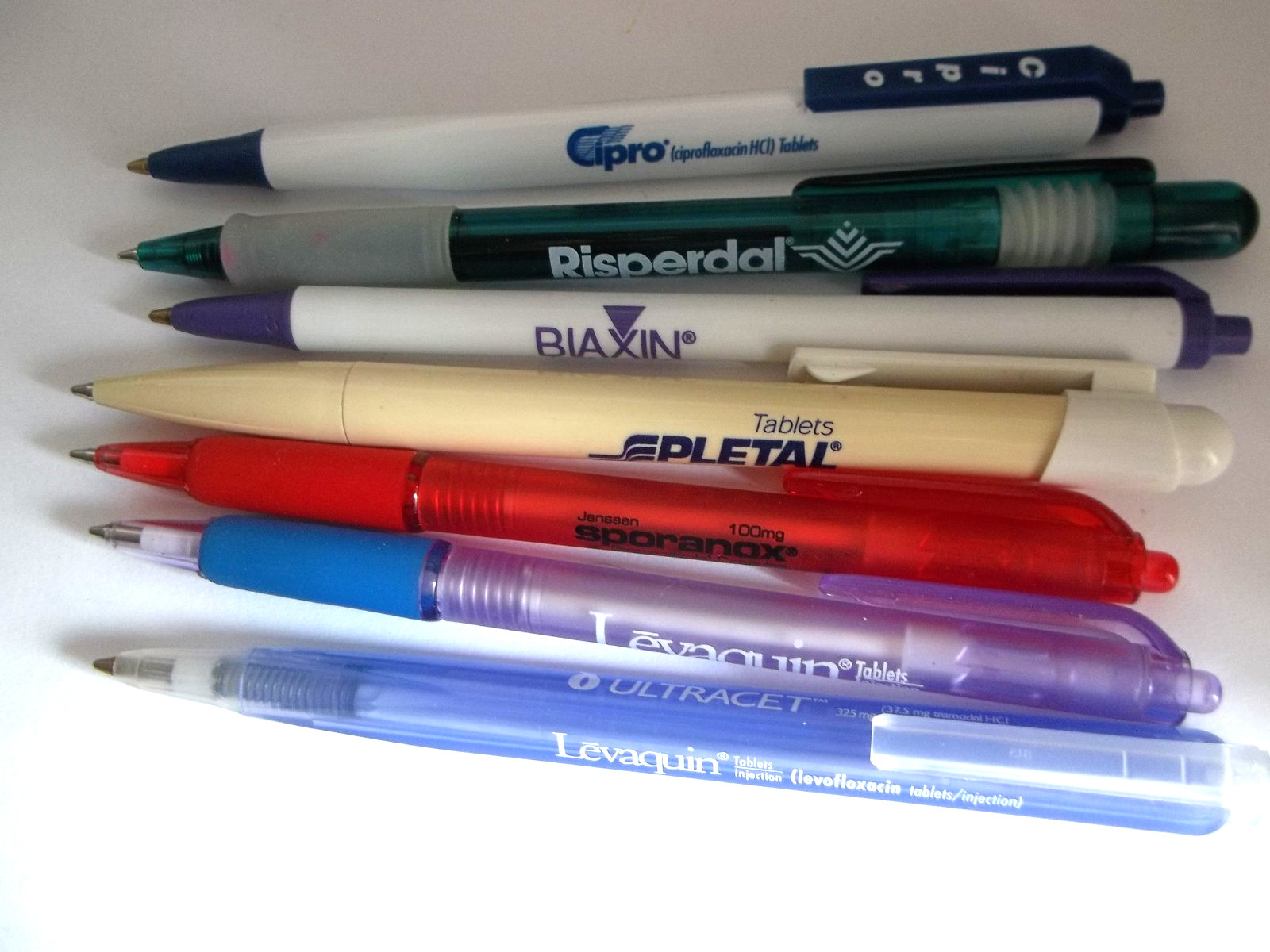 Lot of 7 Vintage Pharma Pens – Cipro Levaquin Sporanox Biaxin Pletal Risperdal Lot of 7 Vintage Pharma Pens – Cipro Levaquin Sporanox Biaxin Pletal Risperdal