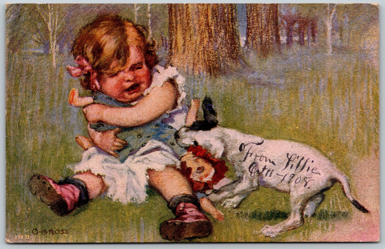 1908 Dog Bites Girl's Doll Girl Crying Illustration RARE ANTIQUE Postcard 9952