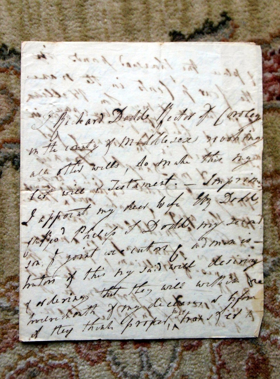 1798 HANDWRITTEN WILL of RICHARD DODD, RECTOR of COWLEY, MIDDLESEX COUNTY