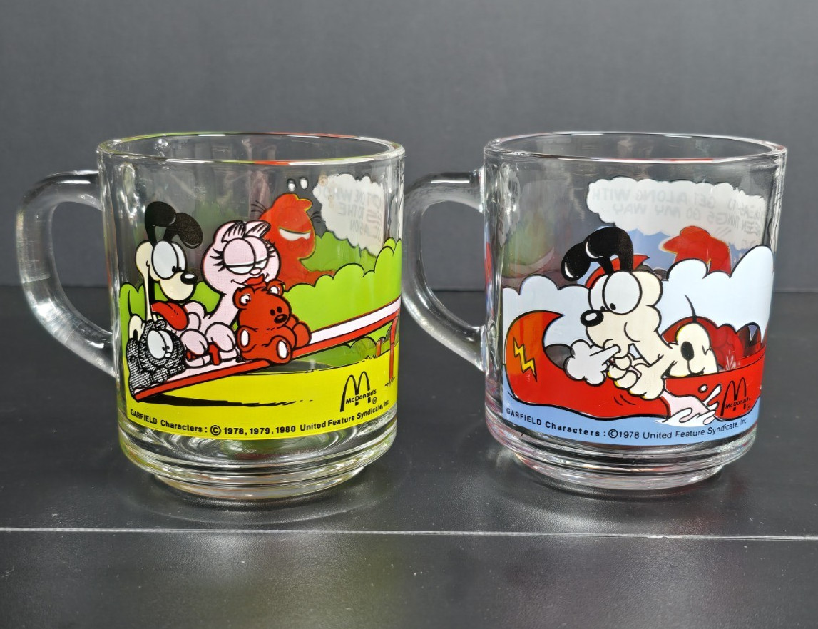 Vintage 1978 McDonald\'s Garfield Odie Glass Coffee Mug Set Of 2 Jim Davis Cups