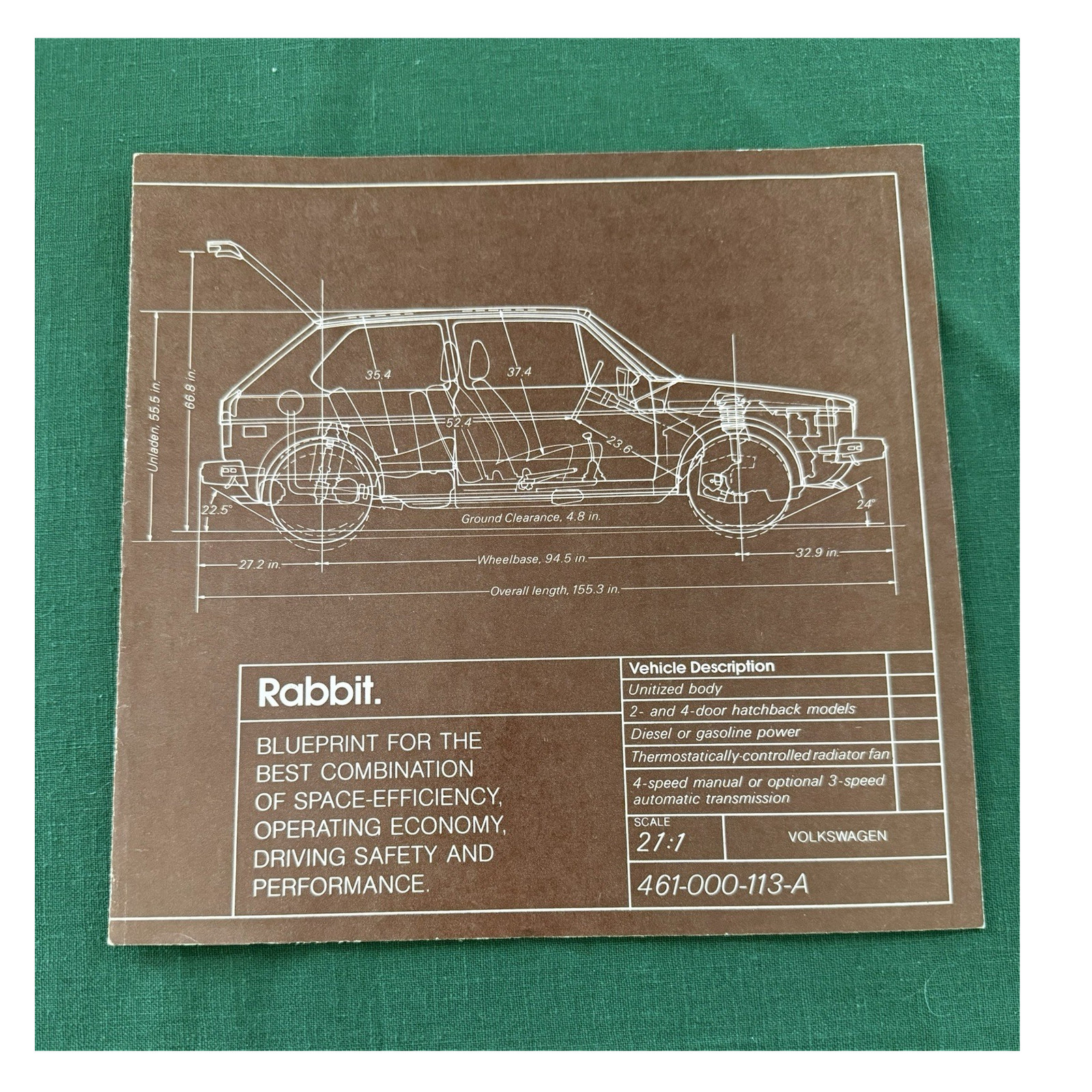 Volkswagen Rabbit 1977 Original Blueprint Specs Foldout Advertising Brochure