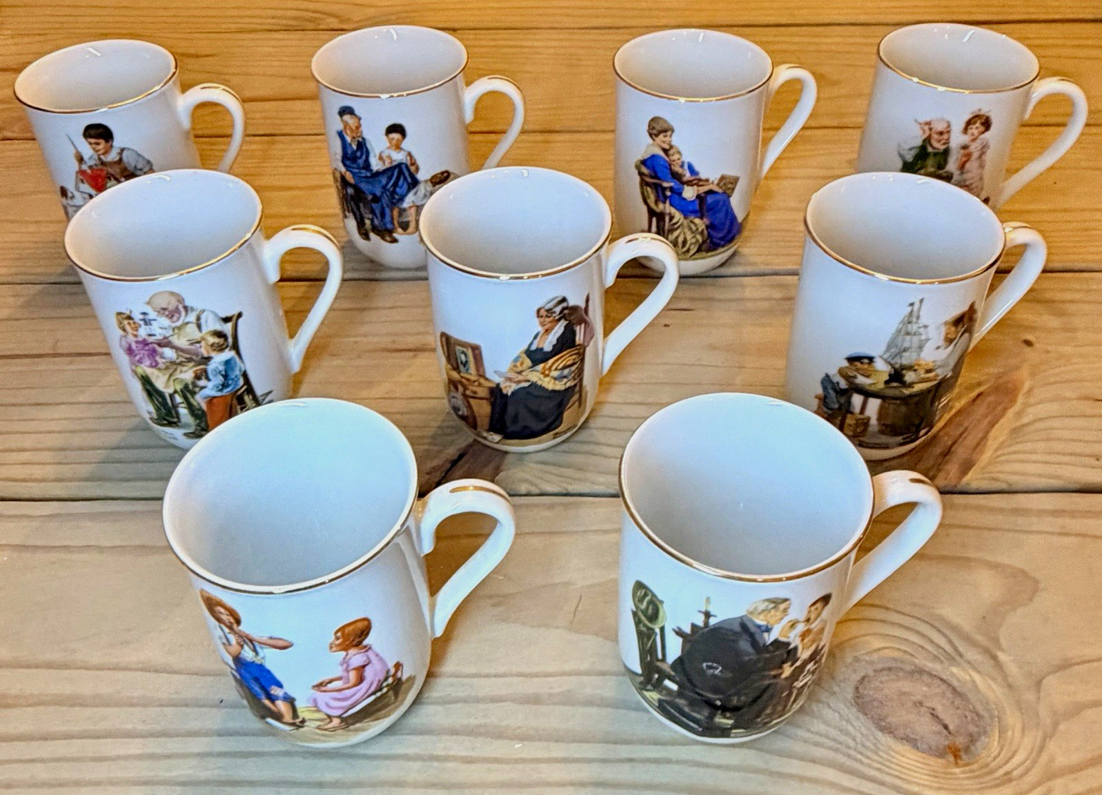 Lot of 9 Vintage Norman Rockwell Museum Mugs Gold Rim Made in Japan 1980s