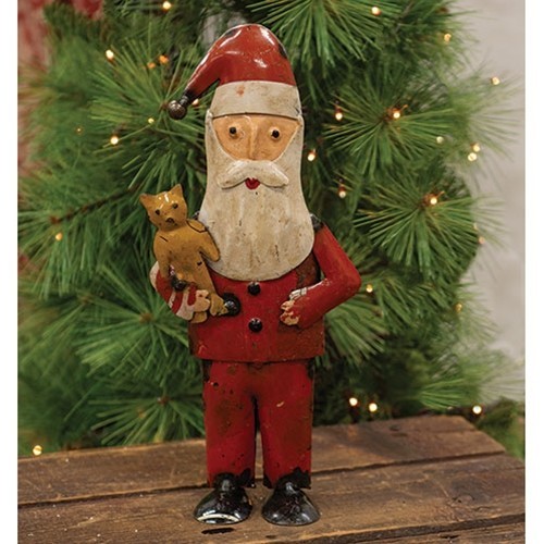 Primitive Recycled Metal Santa Claus Holding Teddy Bear Christmas Decor