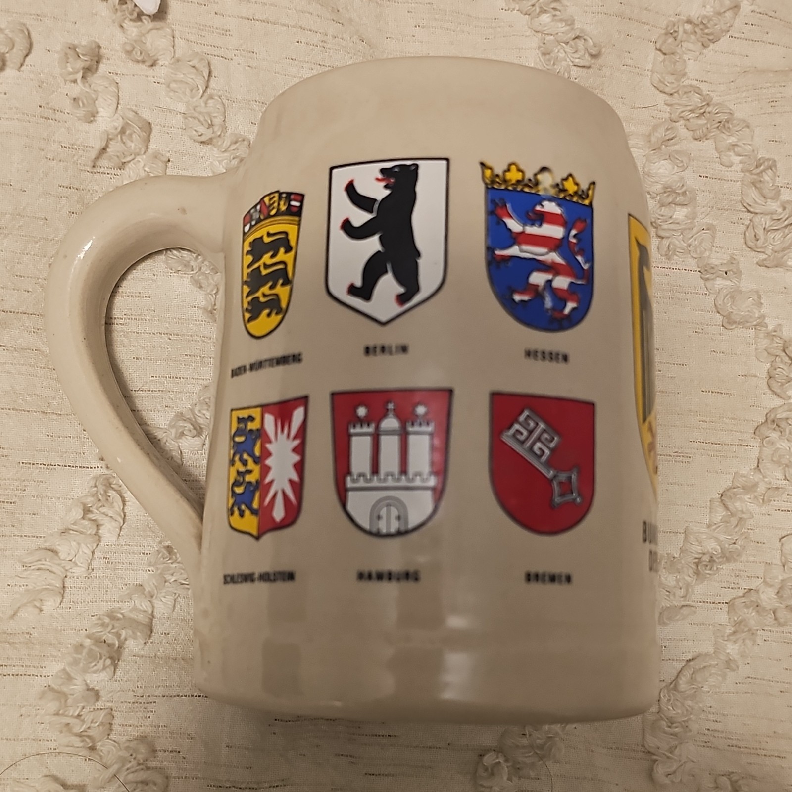 Vintage Old Germany Crested Beer Stein 11 German States Coat of Arms No Lid