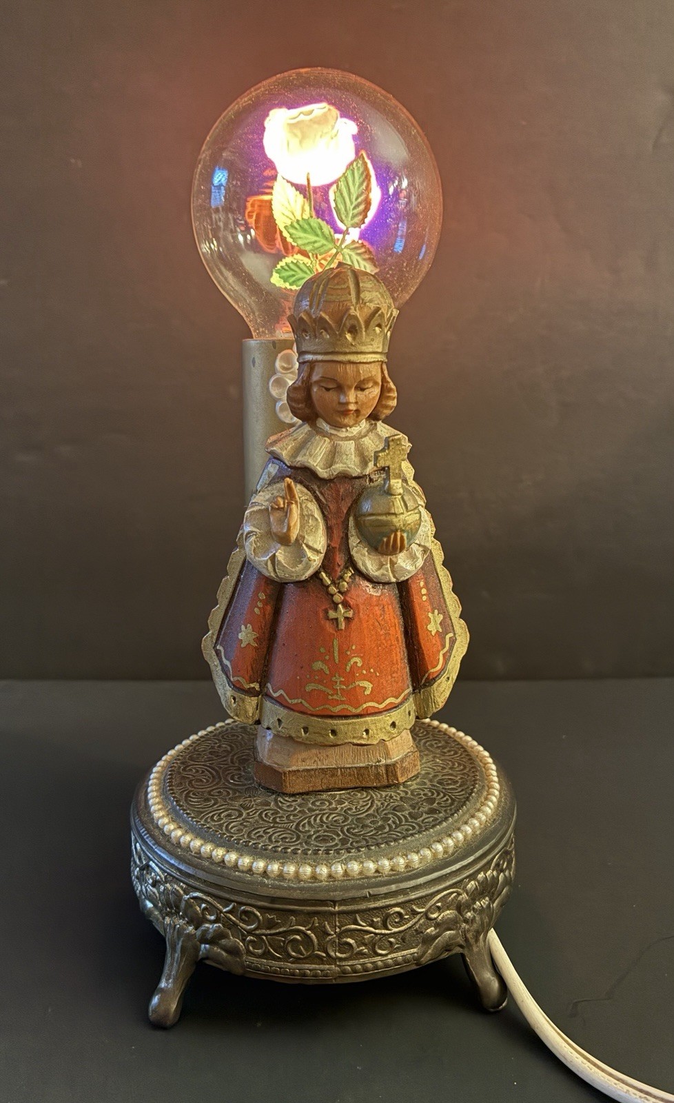 Vtg Aerolux Neon Rose Glow Light Bulb Lamp Infant of Prague Brass Base 7