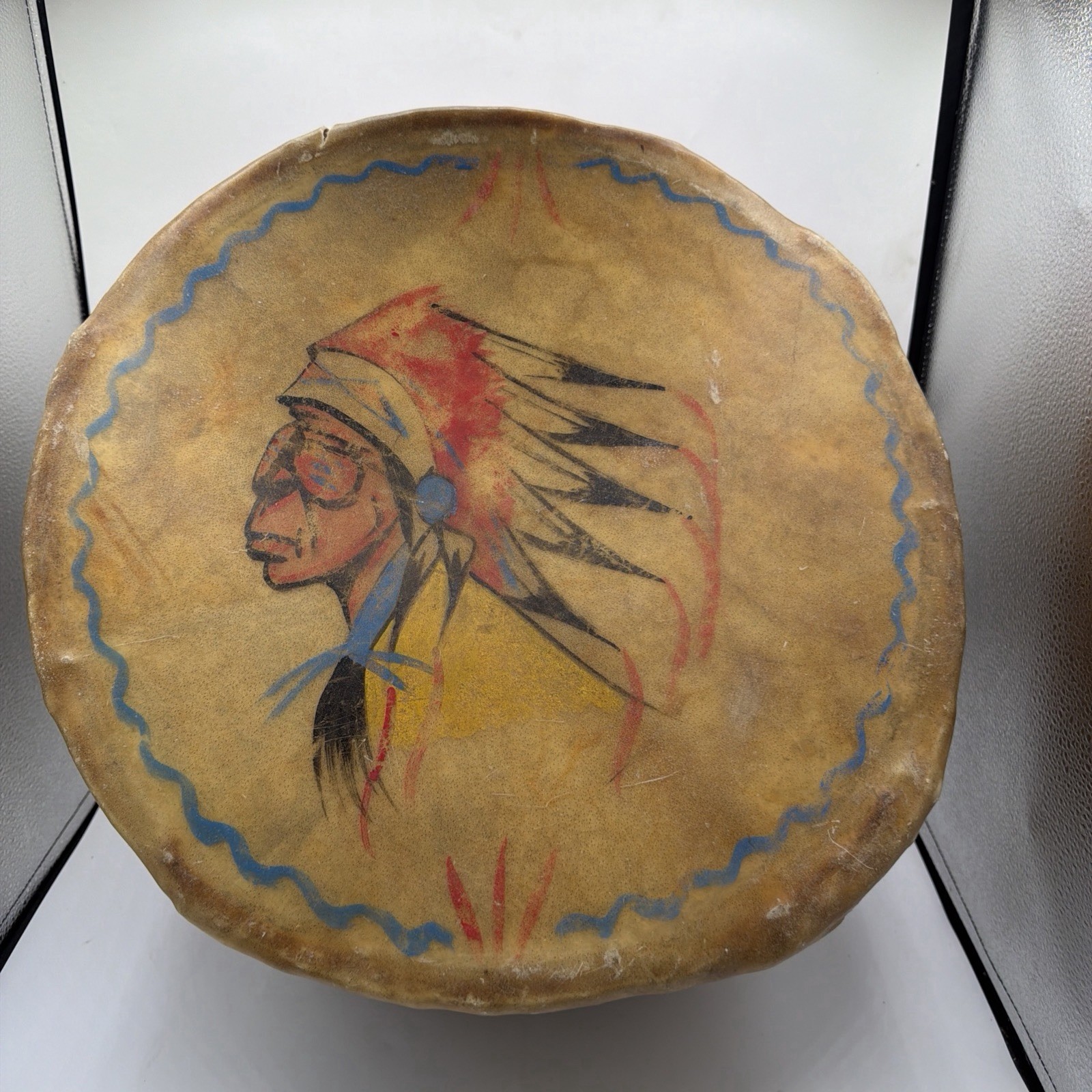Antique Native American Rawhide Wood Large 16” leather drum painted Artifact VTG Antique Native American Rawhide Wood Large 16” leather drum painted Artifact VTG