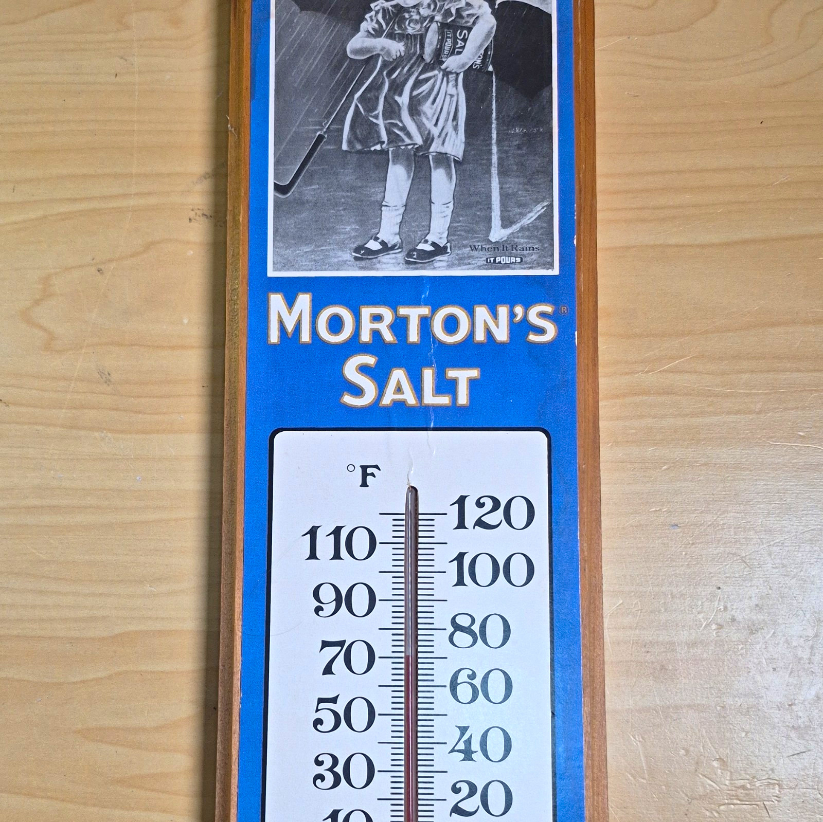 Vintage Morton Salt Wooden Thermometer Sign Bristol Craft When It Rains It Pours