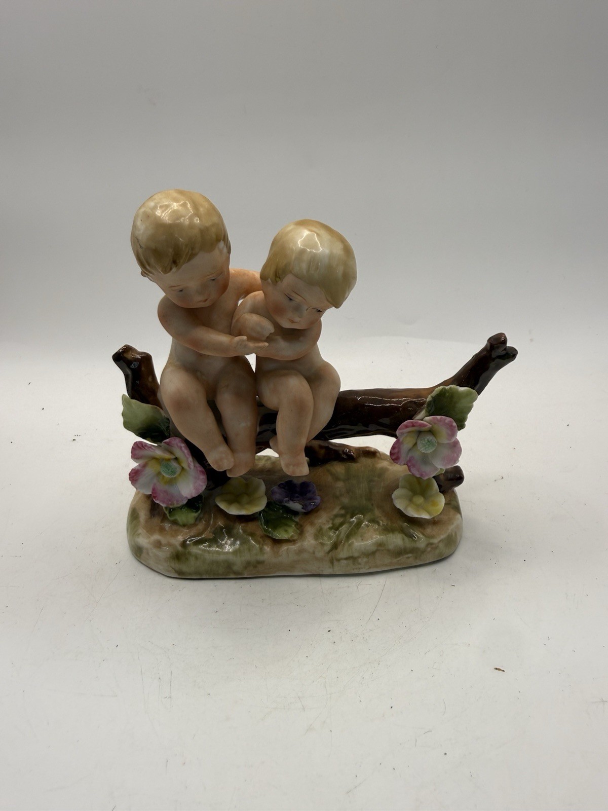 Vintage Ardalt Japan Porcelain Figurine Two Children on Branch Flowers 5 Vintage Ardalt Japan Porcelain Figurine Two Children on Branch Flowers 5