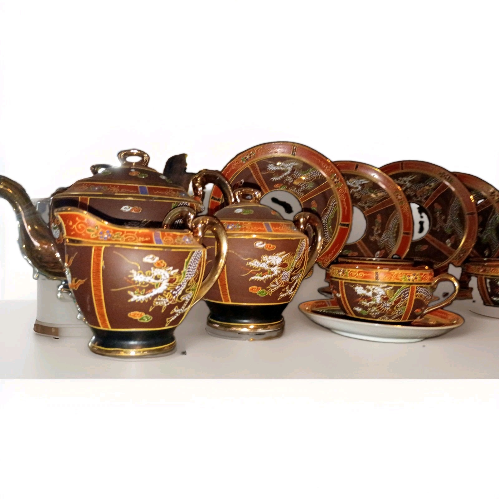 Vintage Japanese Satsuma Moriage Dragon Ware Tea Set 19 Pc Hand Painted Japan Vintage Japanese Satsuma Moriage Dragon Ware Tea Set 19 Pc Hand Painted Japan