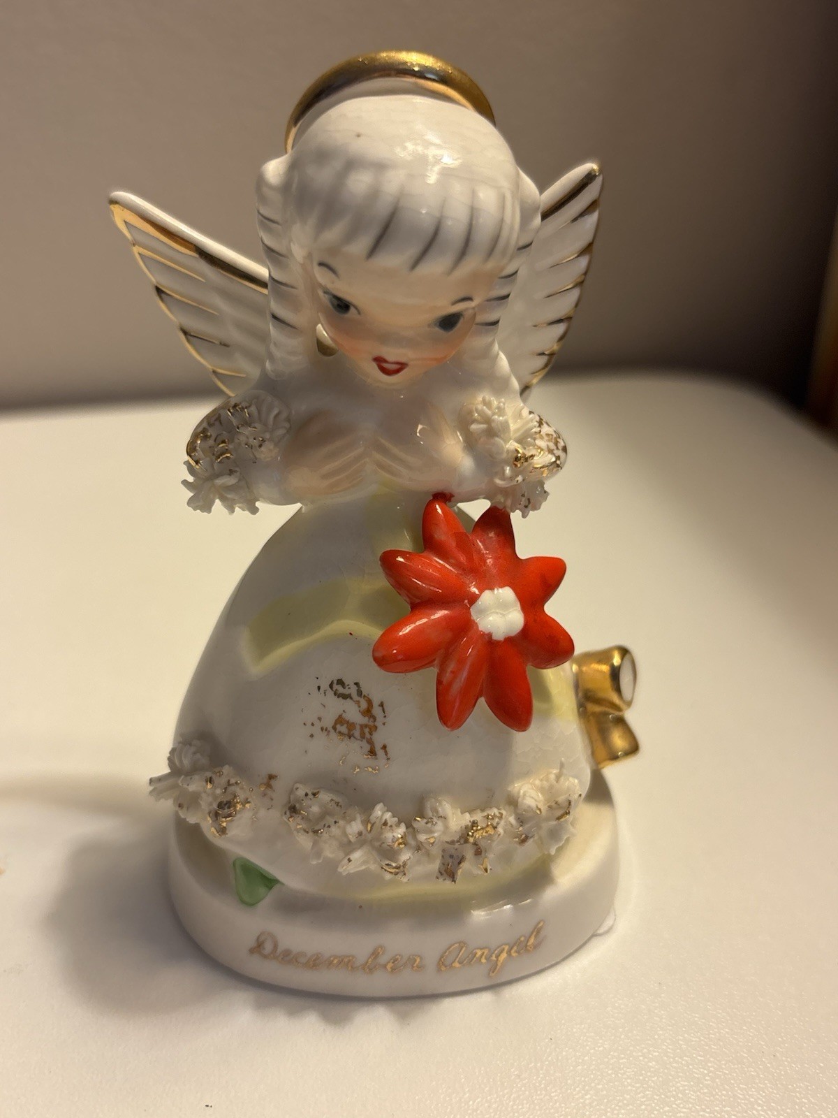 Vintage Napco December Christmas Angel Figurine Spaghetti Trim Poinsettia S1372 Vintage Napco December Christmas Angel Figurine Spaghetti Trim Poinsettia S1372