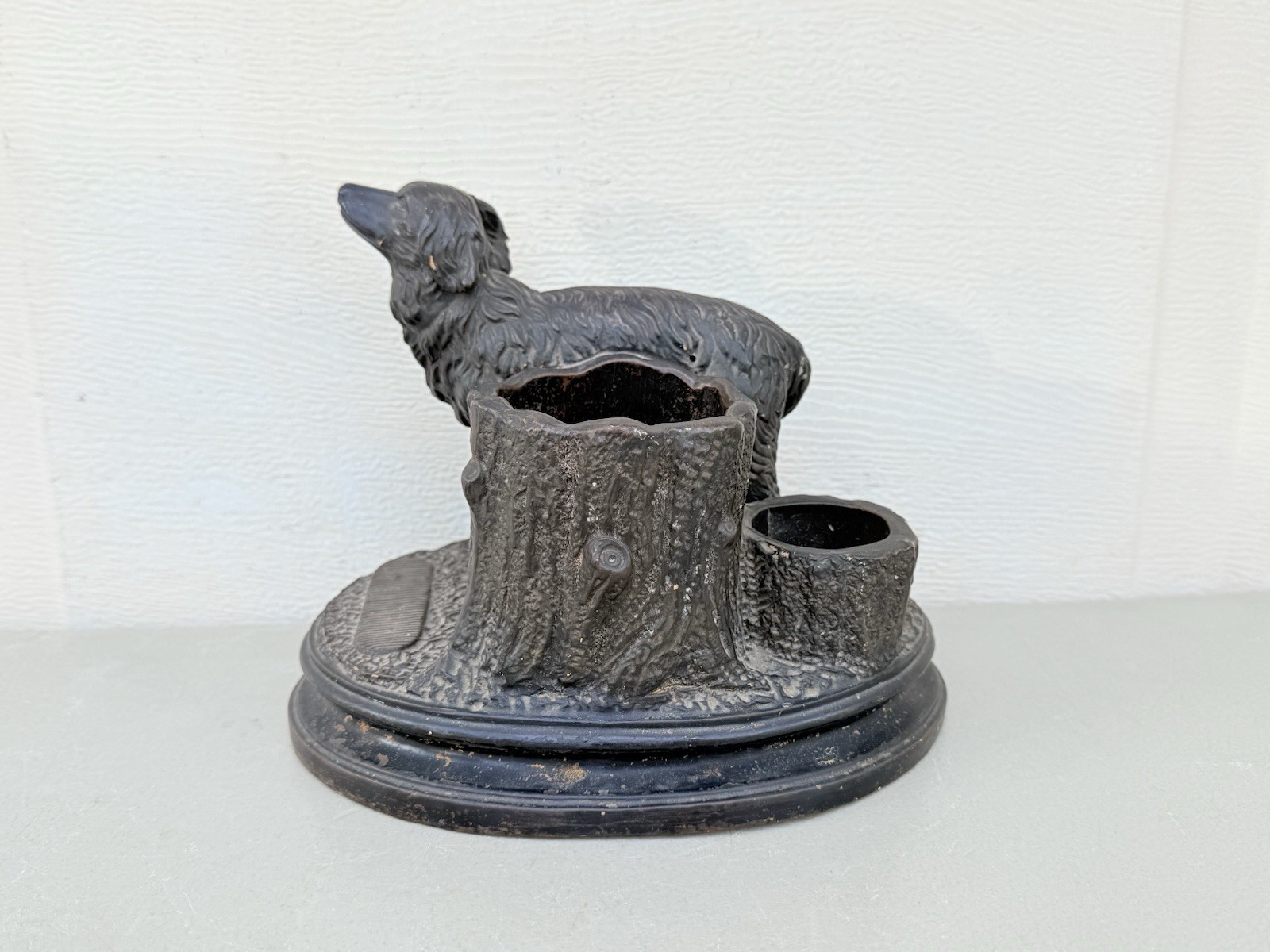 Antique Victorian Dog Terracotta Pottery Dog Cigar Matchstick Holder