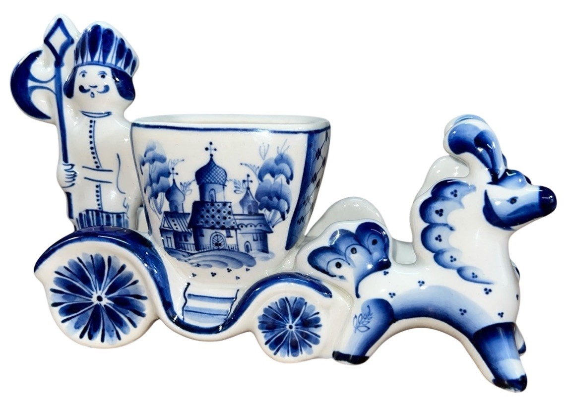 Vintage Russian Gzhel horse Buggie Solder Hand Painted Blue & White Vintage Russian Gzhel horse Buggie Solder Hand Painted Blue & White