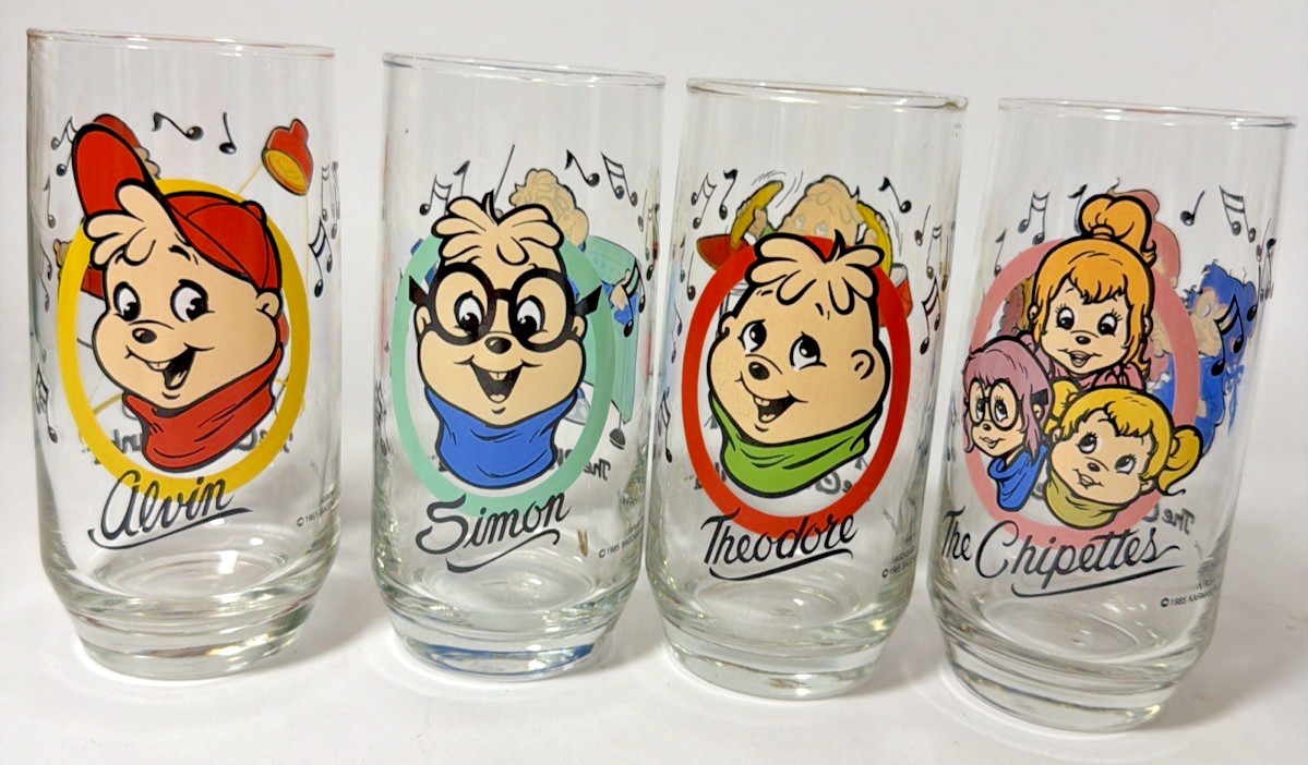 Alvin And The Chipmunks Vintage Drinking Glasses Complete Set Of 4 Glasses 1985