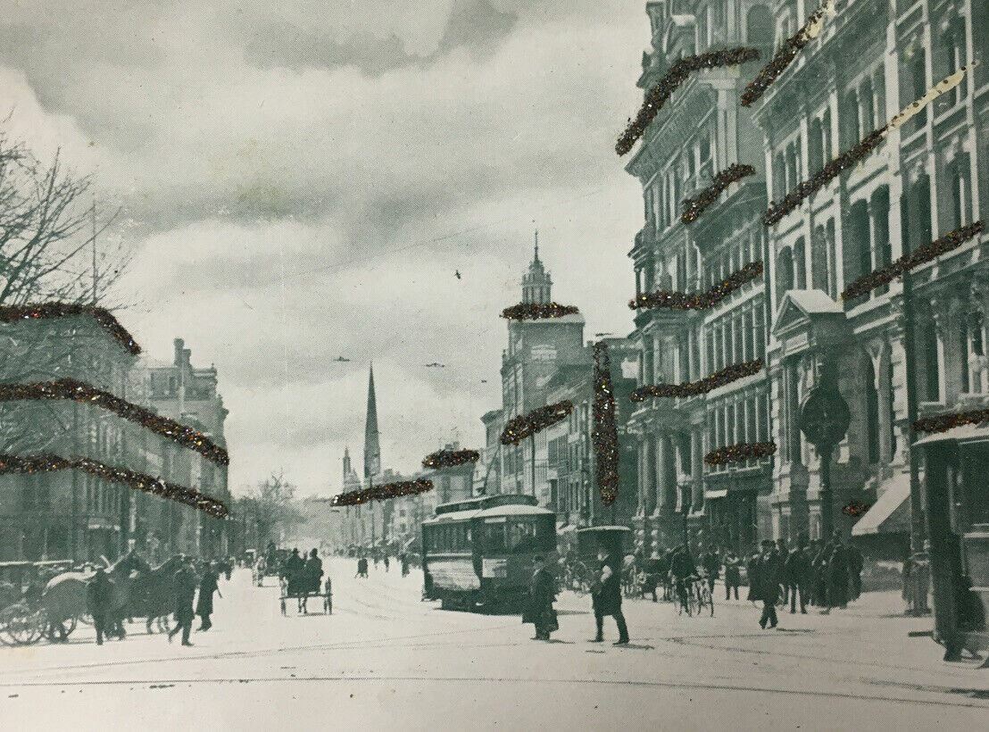 c. 1905 Main Street Hartford CT Postcard Mica Glitter Cable Car Horse Carriage