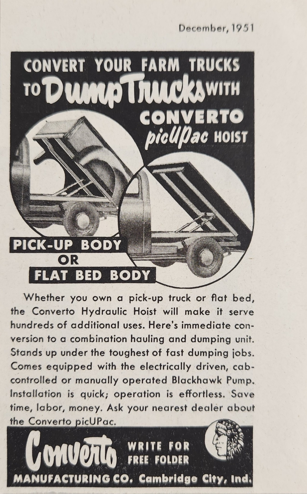 1951 Print Ad Converto Converts Farm Trucks to Dump Trucks Cambridge City,IN