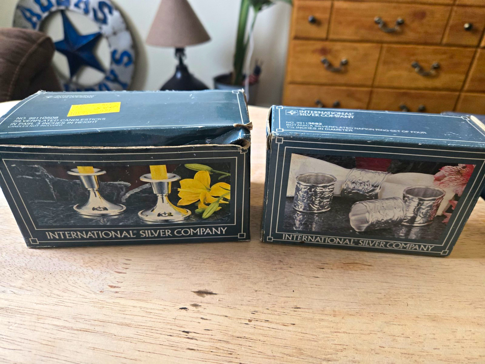 International Silver Co Silverplate Candlesticks & Botanica Napkin Rings Boxed