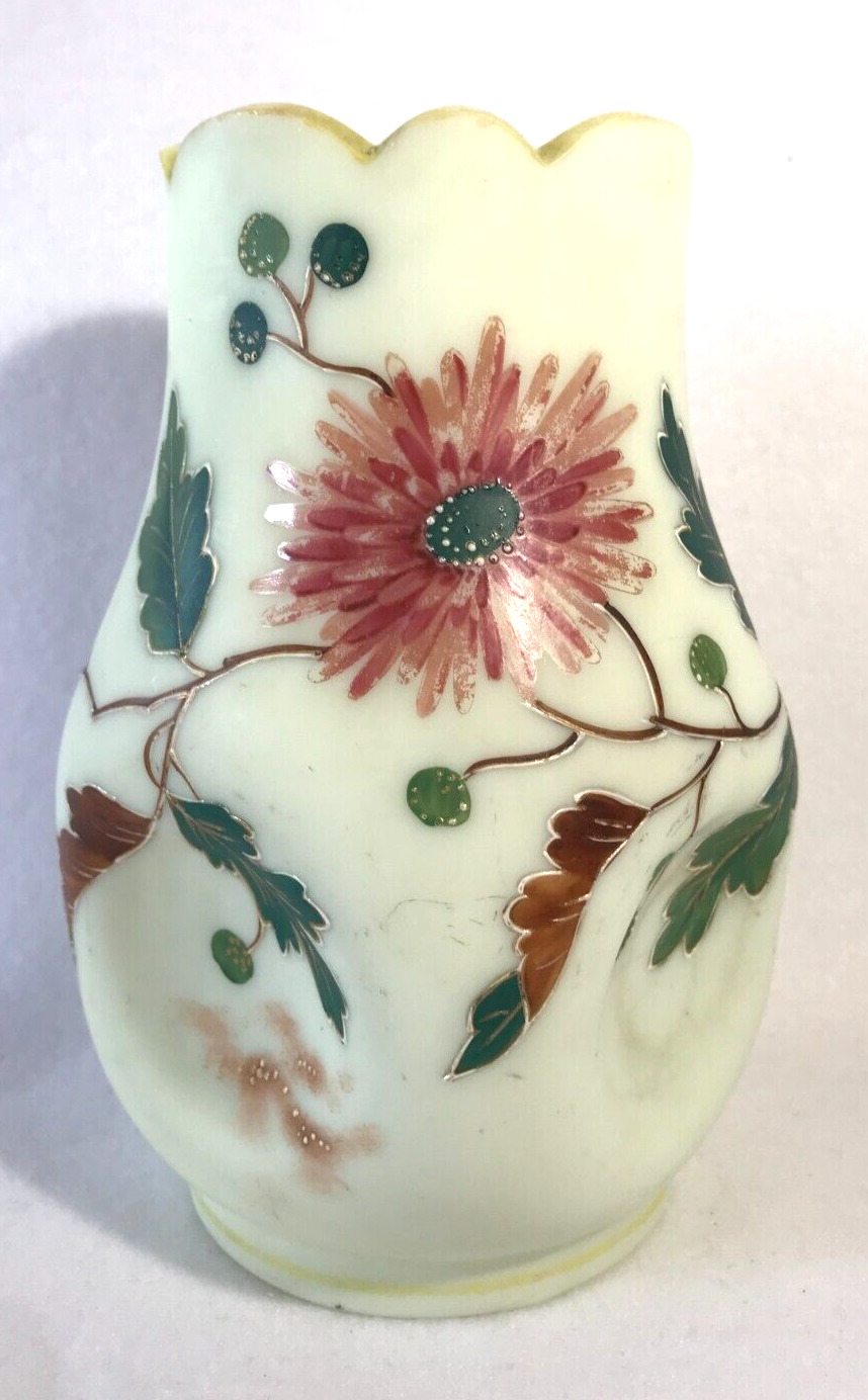 Victorian Custard Satin Glass Dimpled Vase-Enameled Floral & Leaves Decor    7\
