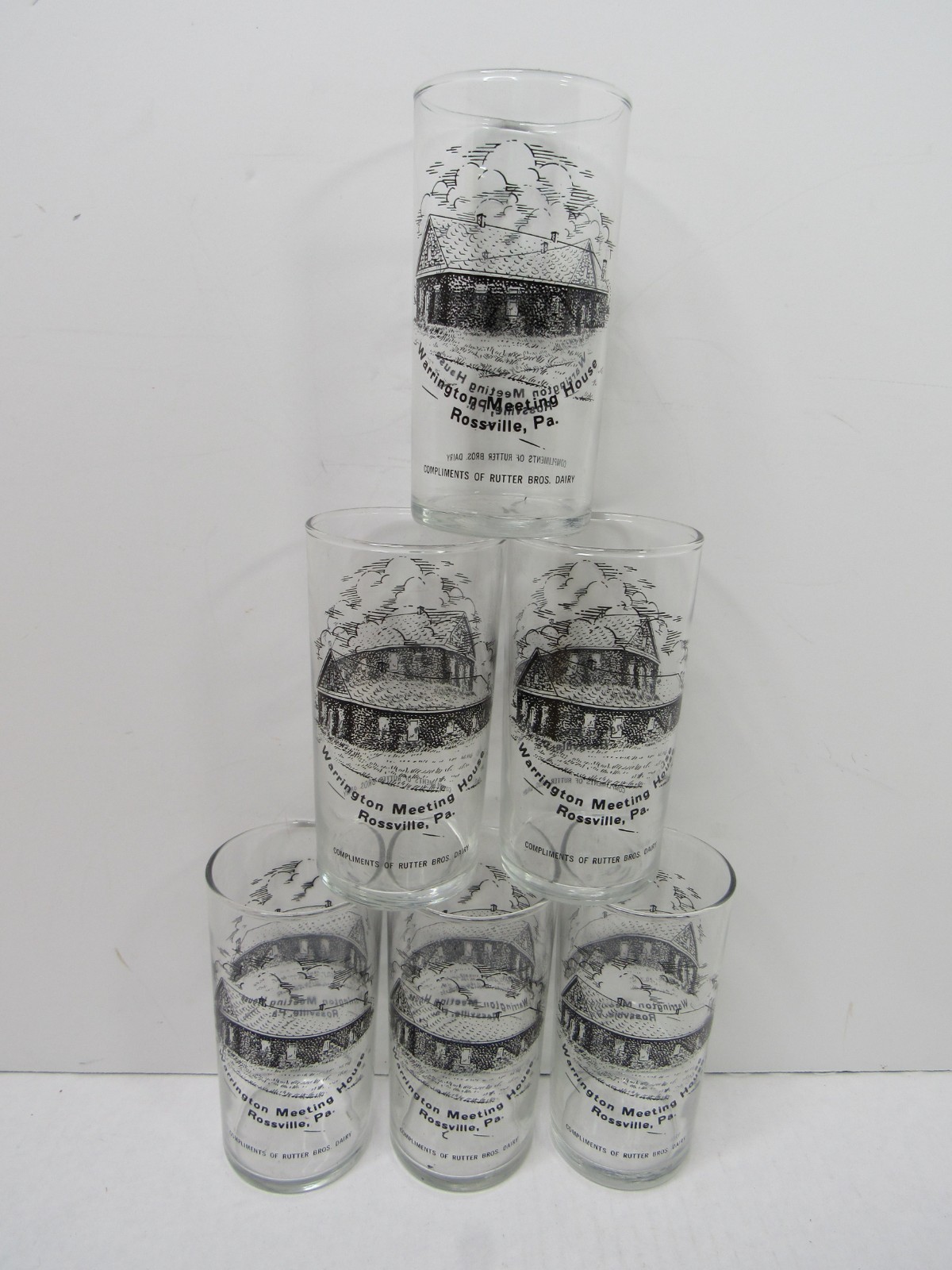 6 Vtg Collectible Glasses Warrington Meeting House Rossville PA Rutter Bros.