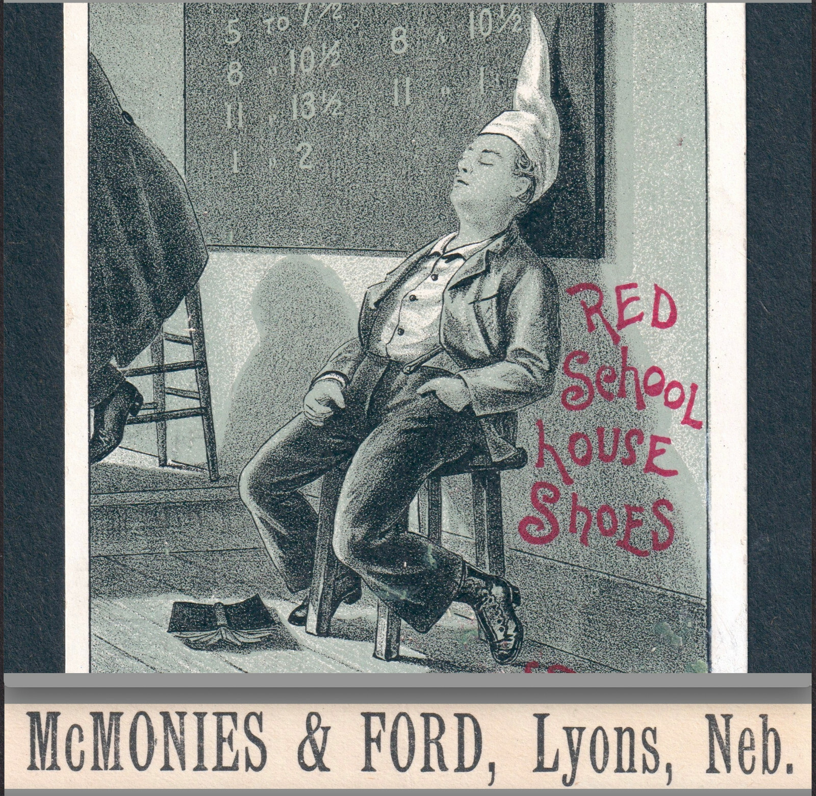 McMonies Lyons NE 1800\'s Dunce Little Red School House Henderson Shoe Trade Card