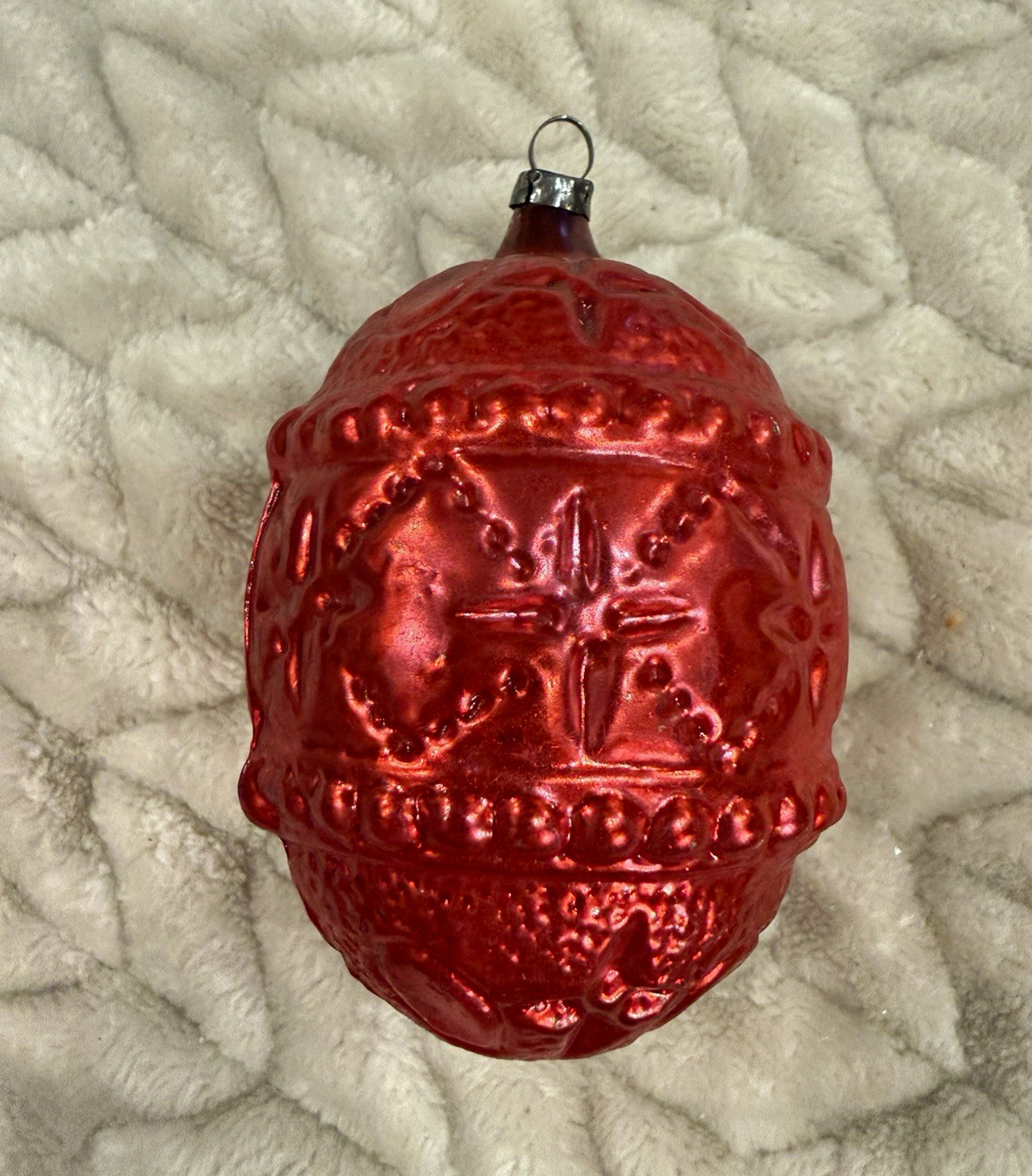 Vintage Red Embossed Molded Glass Christmas Ornament Raised Relief 3.5”