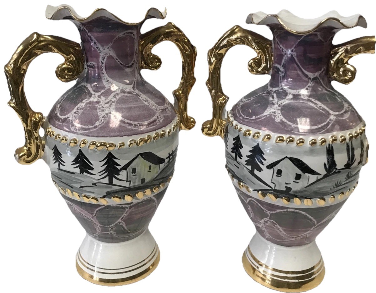 Vintage Pair 2 Italian Ceramic Purple & Gilt Vases Hand Painted Landscape 9” Vintage Pair 2 Italian Ceramic Purple & Gilt Vases Hand Painted Landscape 9”