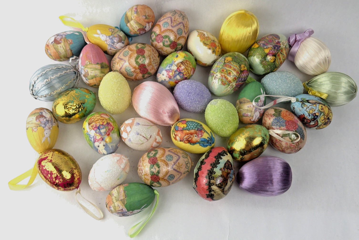 Vintage Sugared Easter Egg Ornaments Lot Papier Mache Pastel Ribbon Decorations Vintage Sugared Easter Egg Ornaments Lot Papier Mache Pastel Ribbon Decorations