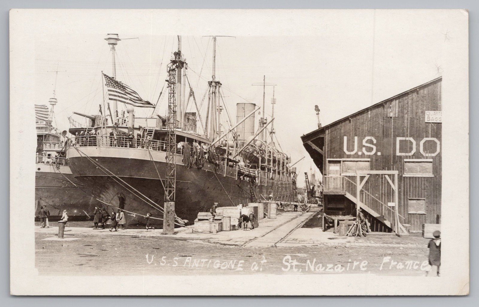 U.S.S. Antigone At U.S. Dock , St. Nazaire, France, c1918--RPPC Postcard B01