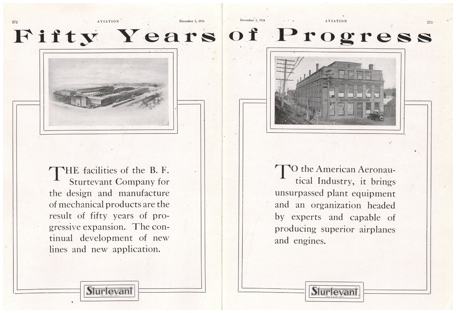 1916 2 Ads F&B of PG: Hall Scott & Sturtevant 2 sep. pg Aircraft Engine Ads