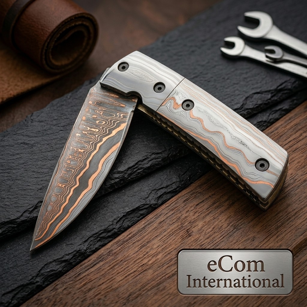 Copper damascus Folding Knife – Copper Labyrinth Pattern – Artisan Crafted