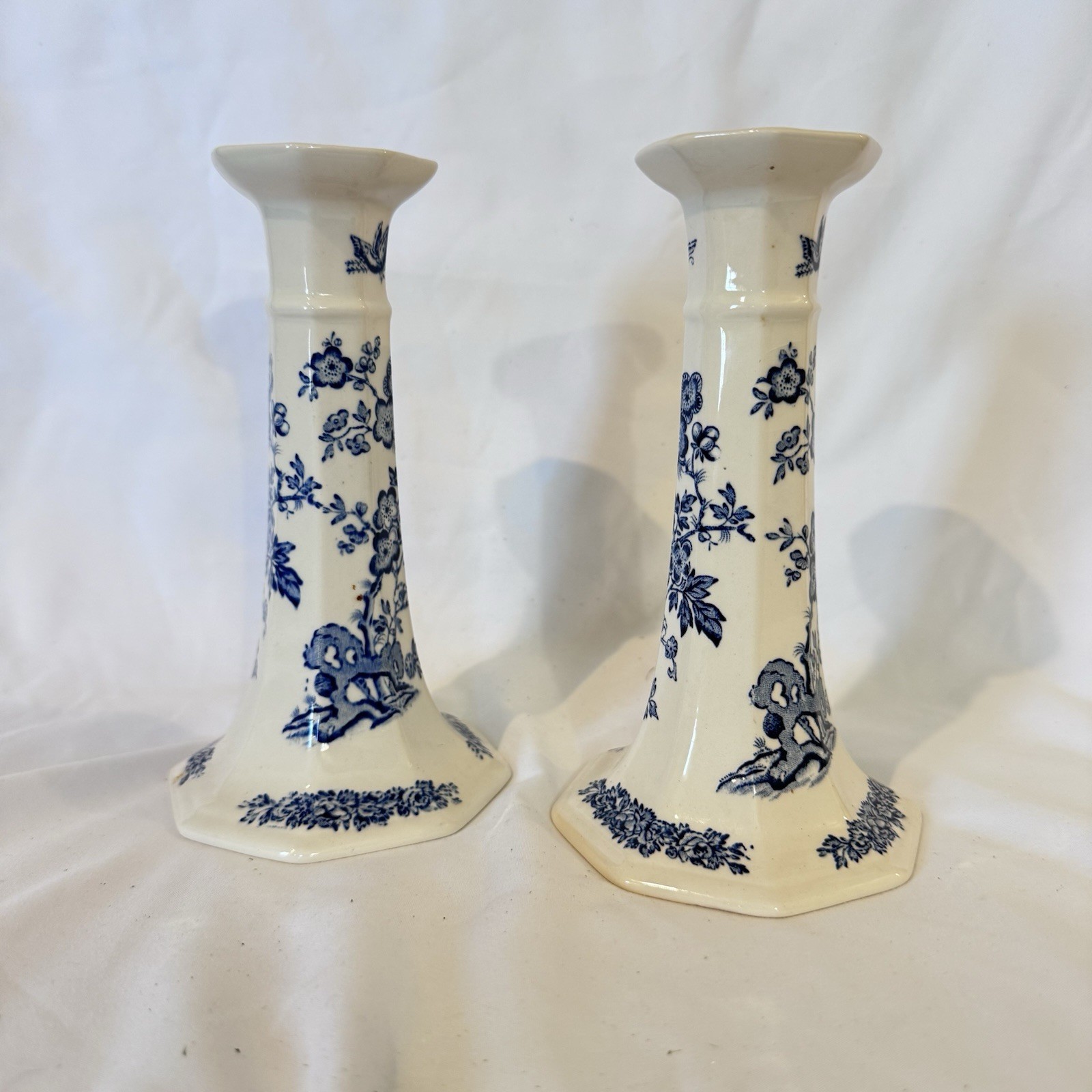 Vintage Mason’s Patent Ironstone Candlestick Pair Blue White Chinoiserie England