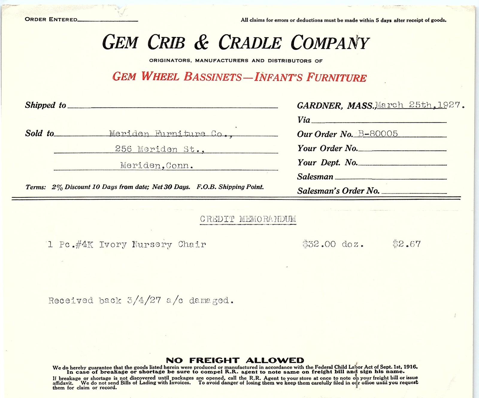 1927 Gem Crib & Cradle Co. damaged nursery chair credit memo