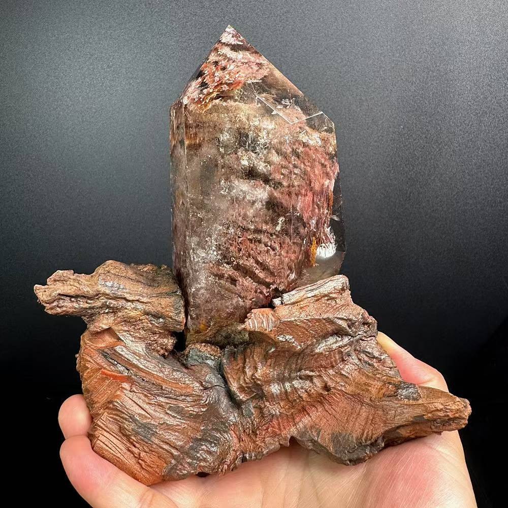 1.46LB Natural Red rabbit fur Quartz Obelisk Crystal Mineral Reiki Decor+ Stand