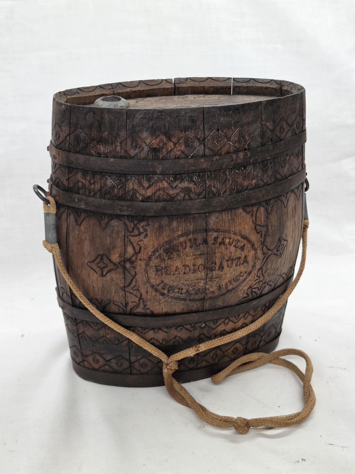 Antique Tequila Sauza Eladio Sauza Hand Carved Wooded Canteen Keg 1910s-30s